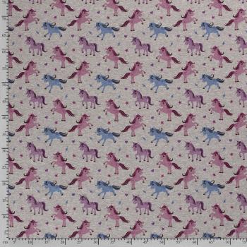 Preview: Alpenfleece Druck Einhörner Rosa, Blau auf Grau-meliert